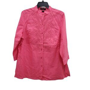 Lily Stanhope Woman's Hot Pink Embroidered Linen 3/4 Sleeve Top NWT Plus Size 1X